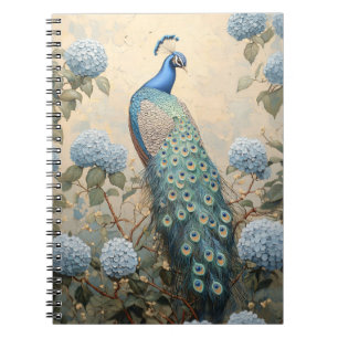 Eleganter Pfau mit blauen Hortensien Ölgemälde Notizblock