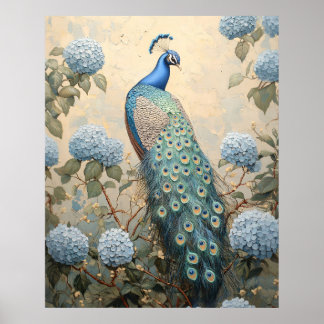 Eleganter Pfau mit blauen Hortensien Ölgemälde Poster