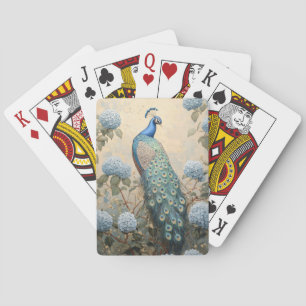Eleganter Pfau mit blauen Hortensien Ölgemälde Spielkarten