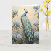 Eleganter Pfau mit Blue Hydrangeas Ölgemälde Karte (Gelbe Blume)