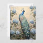 Eleganter Pfau mit Blue Hydrangeas Ölgemälde Postkarte (Vorne/Hinten)