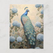 Eleganter Pfau mit Blue Hydrangeas Ölgemälde Postkarte (Vorderseite)