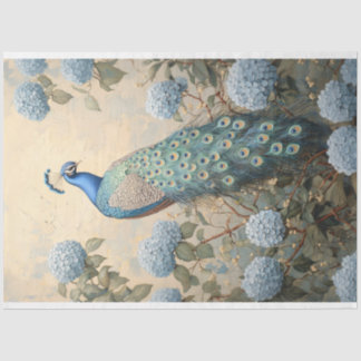 Eleganter Pfau mit Blue Hydrangeas Ölgemälde Seidenpapier