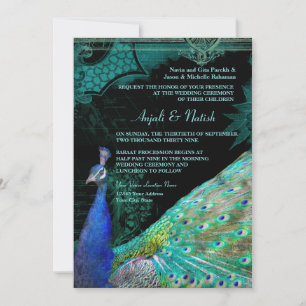 Eleganter Pfau mit Vintage-Schriftrollen indische Einladung