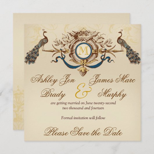 Eleganter Pfau speichert die Datumskarten Save The Date (Vorne/Hinten)