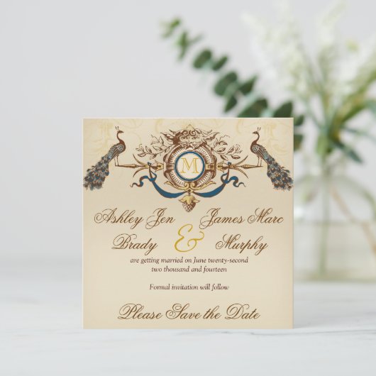 Eleganter Pfau speichert die Datumskarten Save The Date (Stehend Vorderseite)