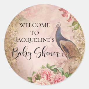 Eleganter Pfau Vintage Pfingstrose Mädchen Baby Sh Runder Aufkleber