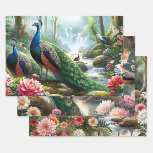 Eleganter Pfauen-Blumen- Geschenkpapier Set