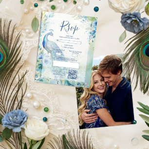Eleganter Pfauen-Foto-Bogen-Hochzeit QR TLW26 RSVP Karte