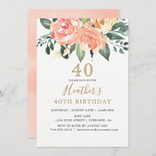 Eleganter Pfirsich und Gold Floral 40. Geburtstag Einladung
