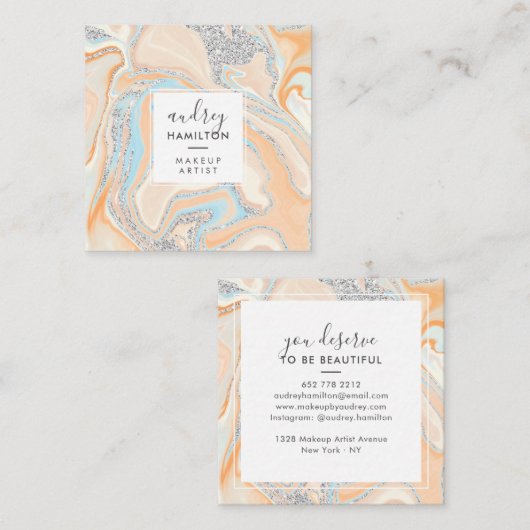 Eleganter pfirsichblauer silberner Glitzer Quadratische Visitenkarte (Vorne/Hinten)