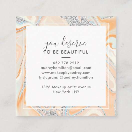 Eleganter pfirsichblauer silberner Glitzer Quadratische Visitenkarte (Rückseite)