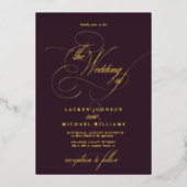 Eleganter Pflaume Gold Moderne kalligraphische Hoc Folieneinladung (Vorderseite)