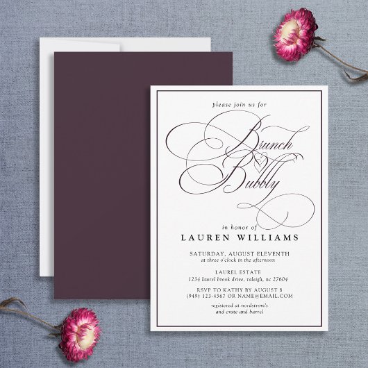 Eleganter Pflaumen Lila Calligraphie Brunch & Bubb Einladung