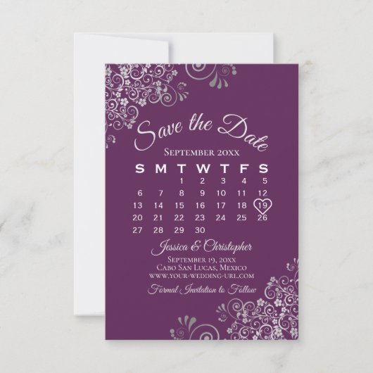 Eleganter Pflaumenkalender Lila & Silberhochzeitka Save The Date (Vorderseite)