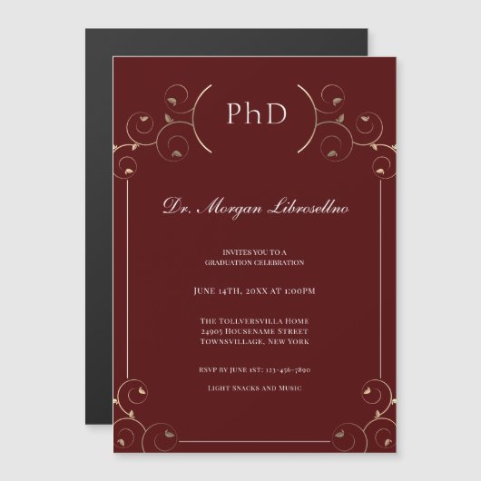 Eleganter PhD Gold Burgundy Abschluss Magneteinladung (Vorne/Hinten)