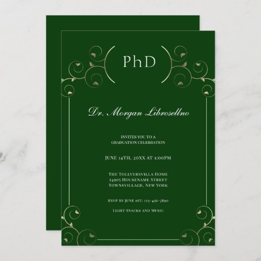 Eleganter PhD Gold Green Abschluss Einladung (Vorne/Hinten)