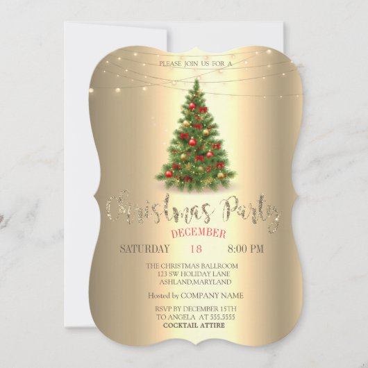 Eleganter Pine Tree, String Lights Gold Weihnachte Einladung (Vorderseite)