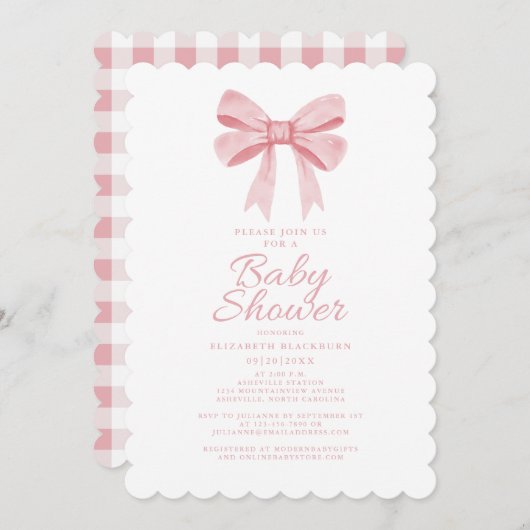 Eleganter Pink Bow Baby Shower Girly Gingham Karo Einladung (Vorne/Hinten)