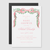 Eleganter Pink Bow mit Greenery Girl Baby Shower Magneteinladung (Vorne/Hinten)