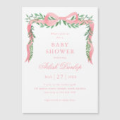 Eleganter Pink Bow mit Greenery Girl Baby Shower Magneteinladung (Vorderseite)