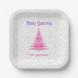 Eleganter Pink Christmas Tree Individuelle Name Pappteller