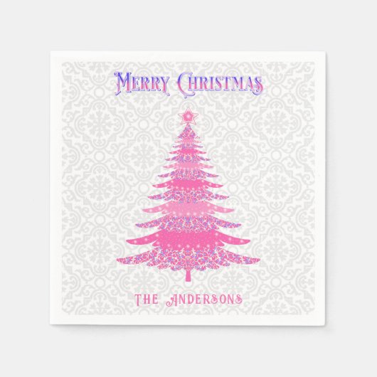 Eleganter Pink Christmas Tree Individuelle Name Serviette (Vorderseite)