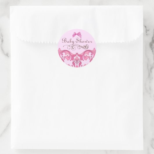 Eleganter Pink Damask Babydusche Aufkleber (Tasche)