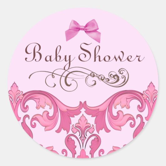 Eleganter Pink Damask Babydusche Aufkleber (Vorderseite)