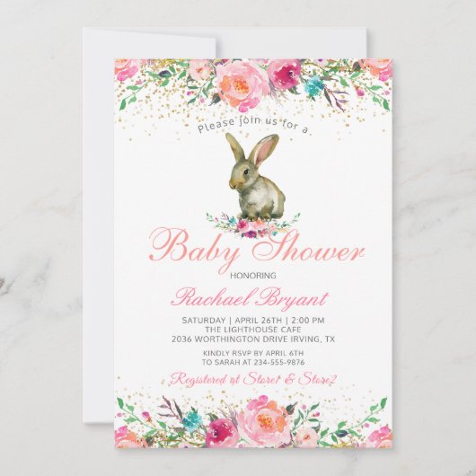 Eleganter Pink Floral Gold Glitzer Bunny Baby Show Einladung (Vorderseite)