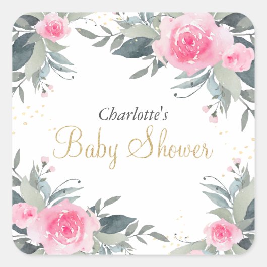 Eleganter Pink Floral Greenery Baby Shower Sticker (Vorderseite)