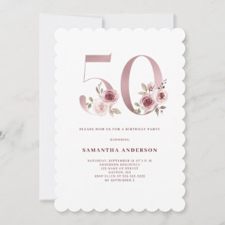 Eleganter Pink Floral Wasserfarbe 50. Geburtstag Einladung