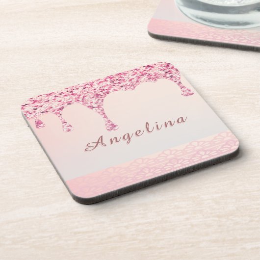 Eleganter Pink Glam Glitzer Tropfen Getränkeuntersetzer (Linke Seite)