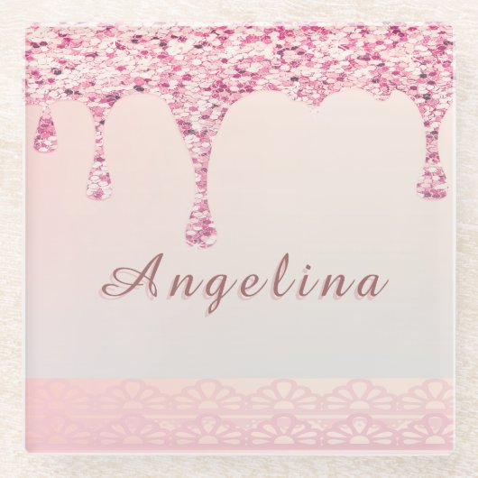 Eleganter Pink Glam Glitzer Tropfen Glasuntersetzer (Vorderseite)