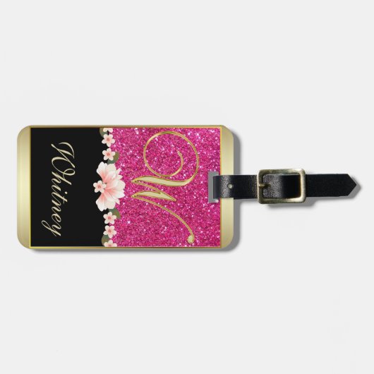 ELEGANTER PINK GLITZER SCHWARZ AQUAMARINES FLORAL  GEPÄCKANHÄNGER (Vorderseite horizontal)