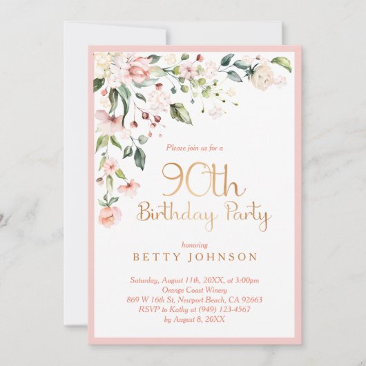 Eleganter Pink & Gold Floral Frauen zum 90. Geburt Einladung (Vorderseite)