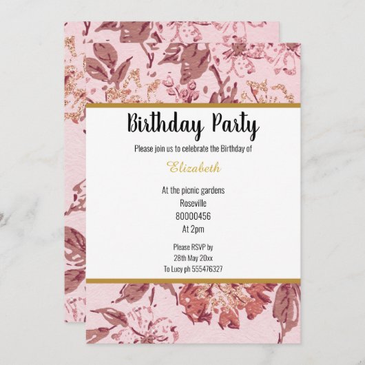 ELEGANTER PINK GOLD FLORAL GEBURTSTAG EINLADUNG (Vorne/Hinten)