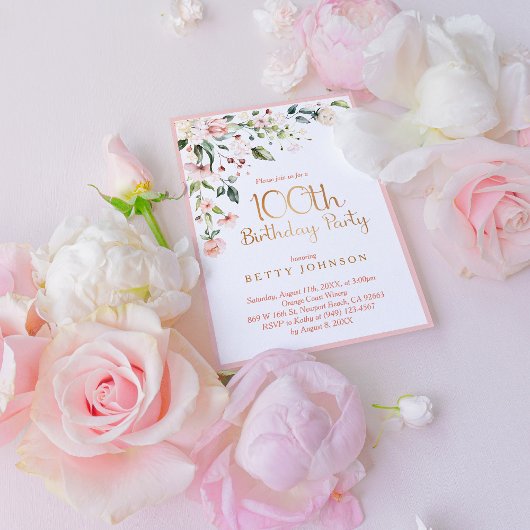 Eleganter Pink & Gold Floral Weibchen 100. Geburts Einladung