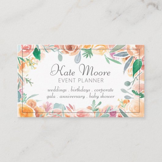 Eleganter Pink Green Floral Border Event Planner Visitenkarte (Vorderseite)