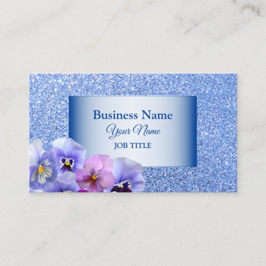 Eleganter Pink Lilac Pansy Floral Blue Glitzer Visitenkarte (Vorderseite)