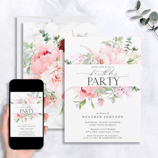 Eleganter Pink Peony Floral Calligraphy Geburtstag Einladung