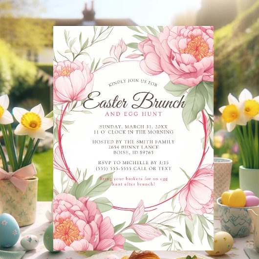 Eleganter Pink Peony Floral Ostern Brunch & Eierja Einladung