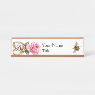 ELEGANTER PINK ROSE ,HONEY BIEY BEEKEEPER MONOGRAM SCHREIBTISCHNAMENSPLAKETTE