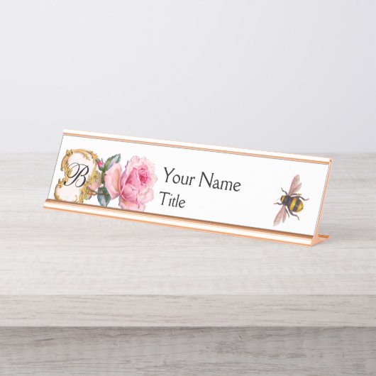 ELEGANTER PINK ROSE ,HONEY BIEY BEEKEEPER MONOGRAM SCHREIBTISCHNAMENSPLAKETTE (Vorderseite )