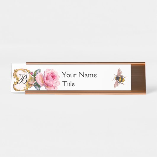 ELEGANTER PINK ROSE ,HONEY BIEY BEEKEEPER MONOGRAM SCHREIBTISCHNAMENSPLAKETTE (Vorderseite )