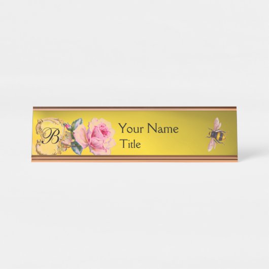 ELEGANTER PINK ROSE UND HONEY BIETEMONOGRAM SCHREIBTISCHNAMENSPLAKETTE (Vorderseite )