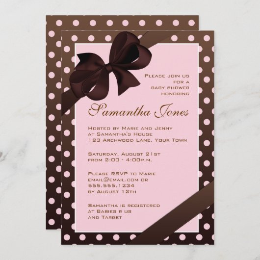 Eleganter Pink und Braun Polka Dot Baby Dusche Einladung (Vorne/Hinten)