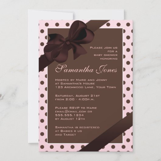 Eleganter Pink und Braun Polka Dot Baby Dusche Einladung (Vorderseite)