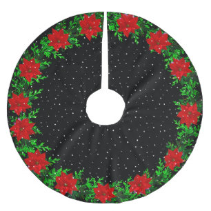 Eleganter Poinsettia-Blumenkranz auf Schwarz Polyester Weihnachtsbaumdecke