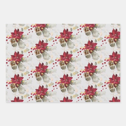 Eleganter Poinsettia & Eukalyptus Glitzer Weihnach Geschenkpapier Set (Vorderseite)